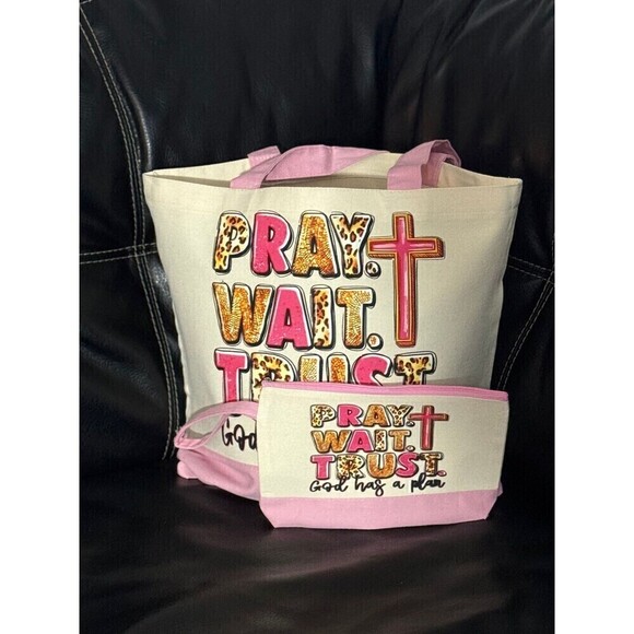Pray Wait and Trust Canvas Tote Bag with Zipper Cosmetic Bag - Picture 1 of 1